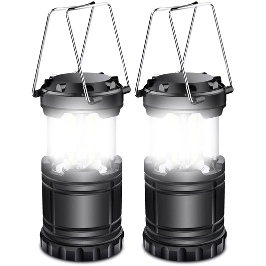 EXTRASTAR 2 Pack LED Battery Operated Lights, Portable Survival Battery Powered Lamp, Waterproof Camping Lantern, Suitable for Hurricane, Emergency, Storm, Outages, Outdoor Collapsible Lanterns, Black