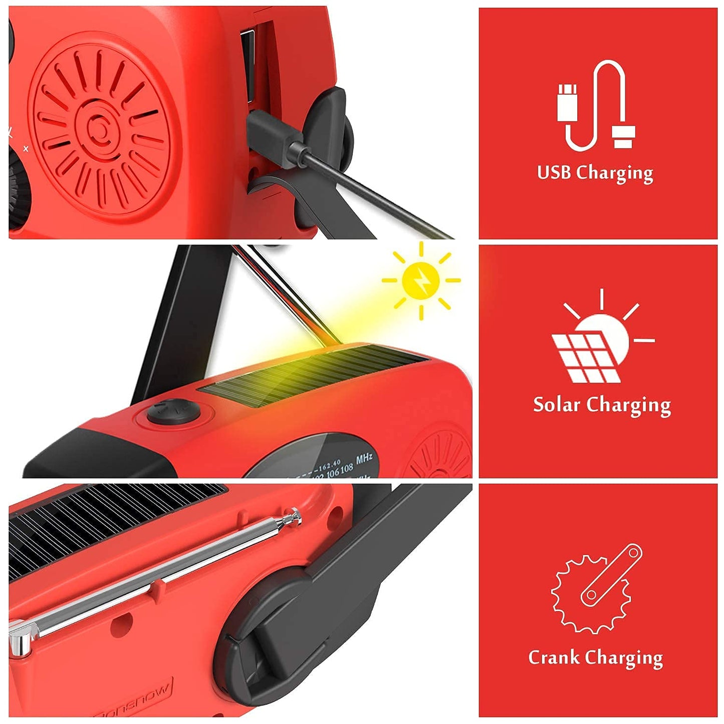 Solar Emergency Hand Crank Weather Radio, Portable Self Powered NOAA AM/FM Radios with SOS Alarm LED Flashlight 2000mAh Smart Phone USB Charger for Camping (Red)
