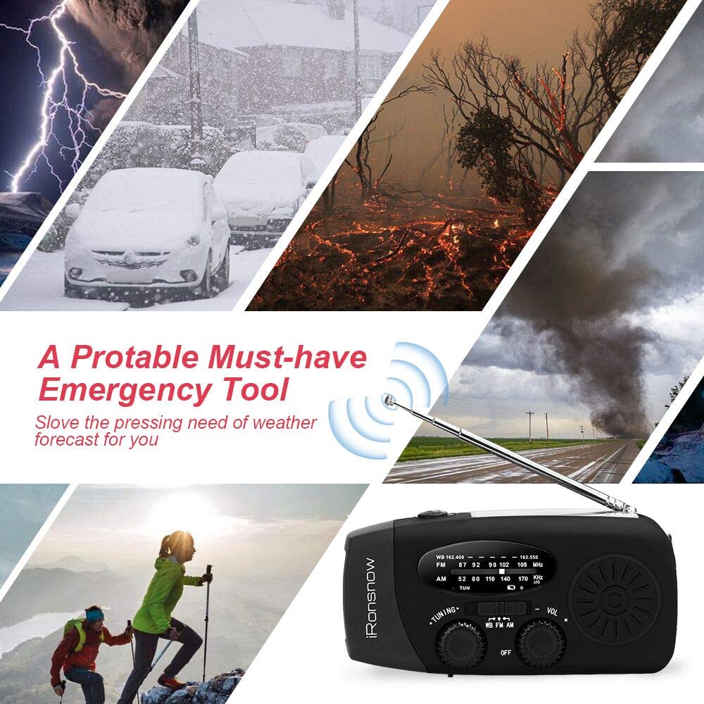 Solar Emergency Hand Crank Weather Radio, Portable Self Powered NOAA AM/FM Radios with SOS Alarm LED Flashlight 2000mAh Smart Phone USB Charger for Camping (Red)