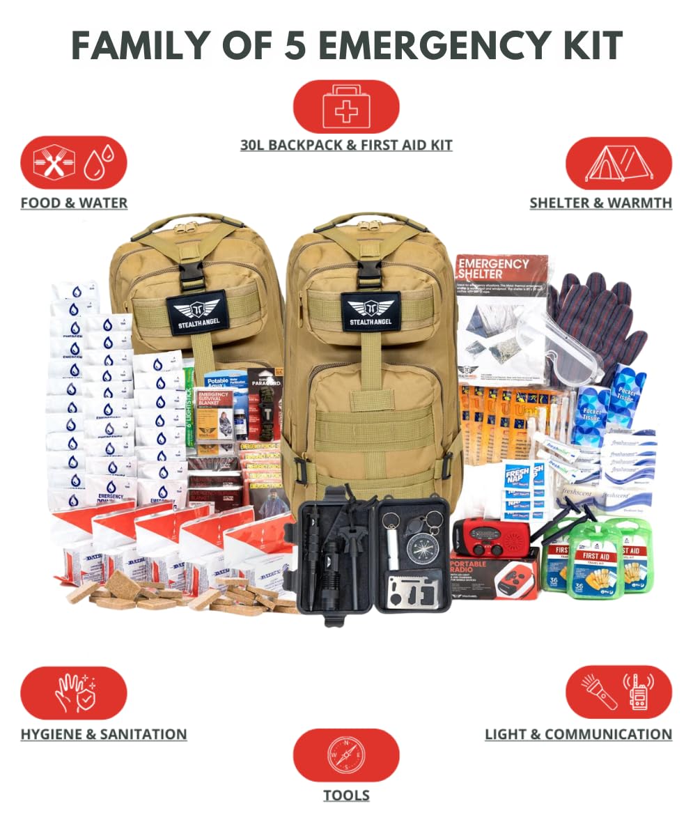 Stealth Angel Survival - 72 Hour Family Emergency Kit - 1-5 Person Survival Bag for Earthquakes, Hurricanes, and Other Natural Disasters