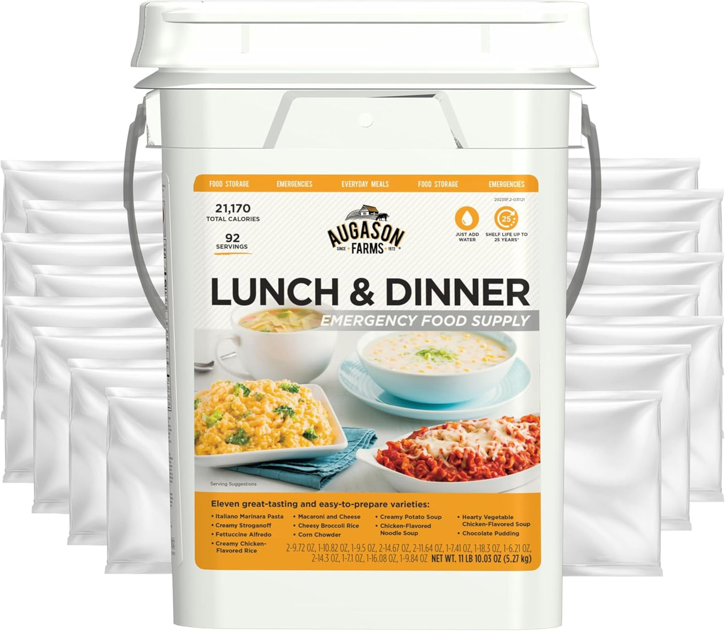 AUGASON FARMS Emergency Food Supply Bucket, 92 Servings, Dehydrated Meal Kit, Variety Pail, Long Shelf Life Just-Add-Water Meals for Disaster Survival Prep, Camping, Hiking, and More