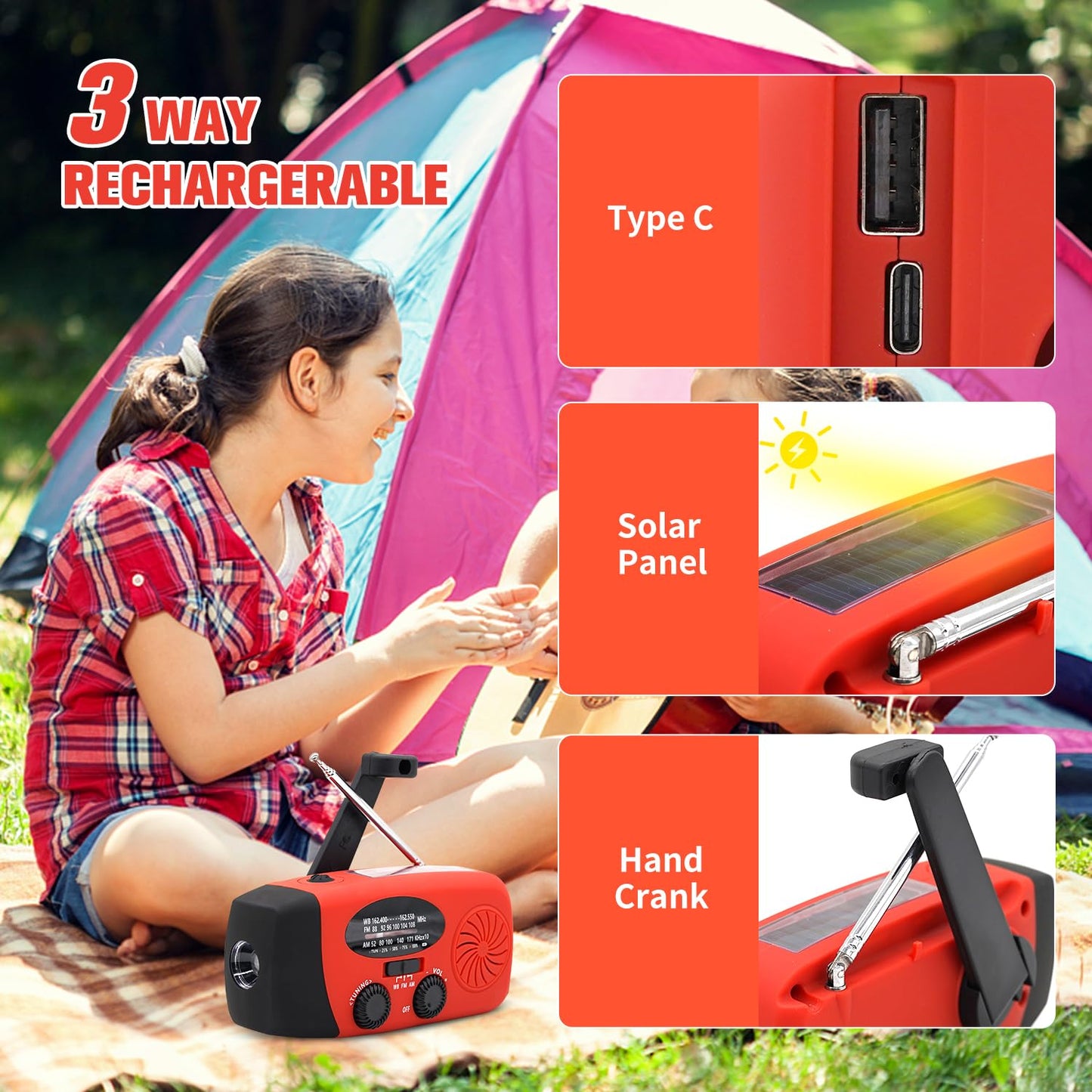 Solar Emergency Hand Crank Weather Radio, Portable Self Powered NOAA AM/FM Radios with SOS Alarm LED Flashlight 2000mAh Smart Phone USB Charger for Camping (Red)
