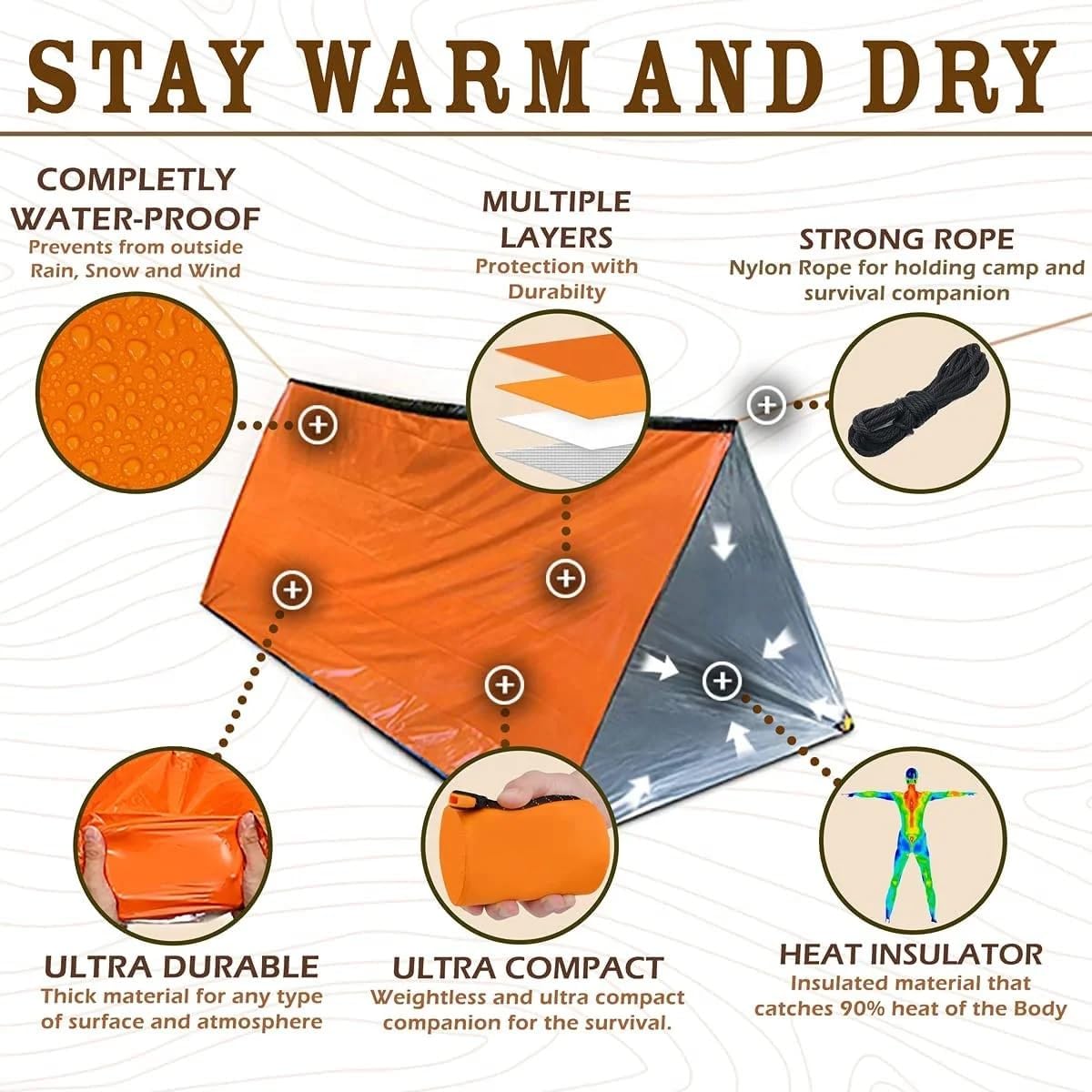 Emergency 2-Person Orange & Gray Survival Tent with Whistle & Paracord, Storm & Tornado Shelter, Tactical for Camping & Survival Kit