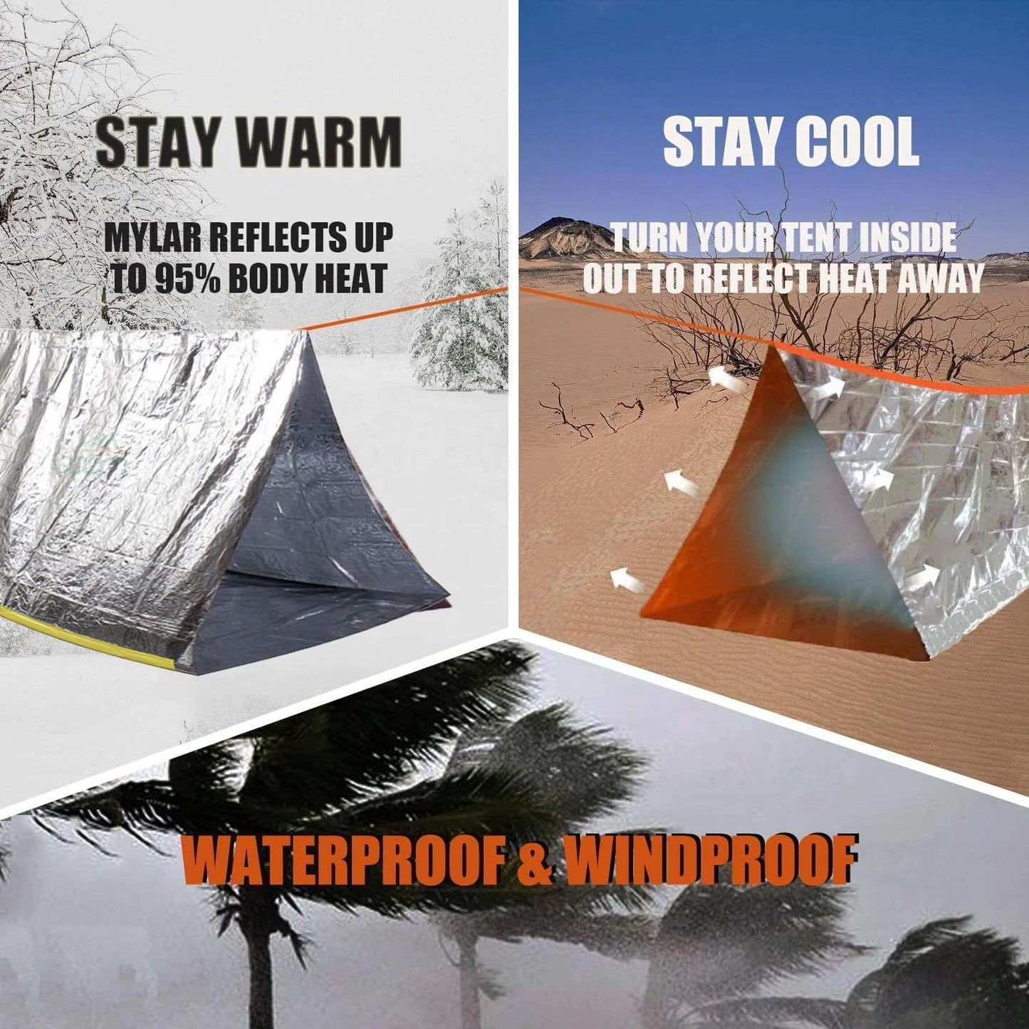 Emergency 2-Person Orange & Gray Survival Tent with Whistle & Paracord, Storm & Tornado Shelter, Tactical for Camping & Survival Kit