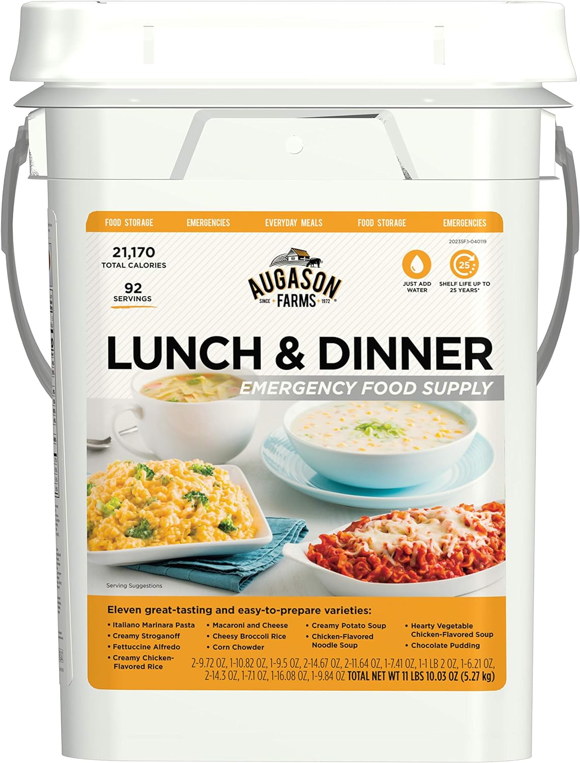 AUGASON FARMS Emergency Food Supply Bucket, 92 Servings, Dehydrated Meal Kit, Variety Pail, Long Shelf Life Just-Add-Water Meals for Disaster Survival Prep, Camping, Hiking, and More