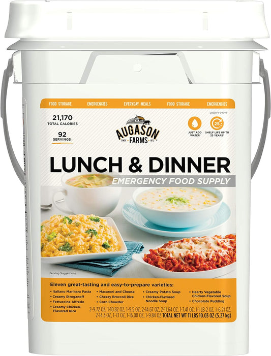 AUGASON FARMS Emergency Food Supply Bucket, 92 Servings, Dehydrated Meal Kit, Variety Pail, Long Shelf Life Just-Add-Water Meals for Disaster Survival Prep, Camping, Hiking, and More