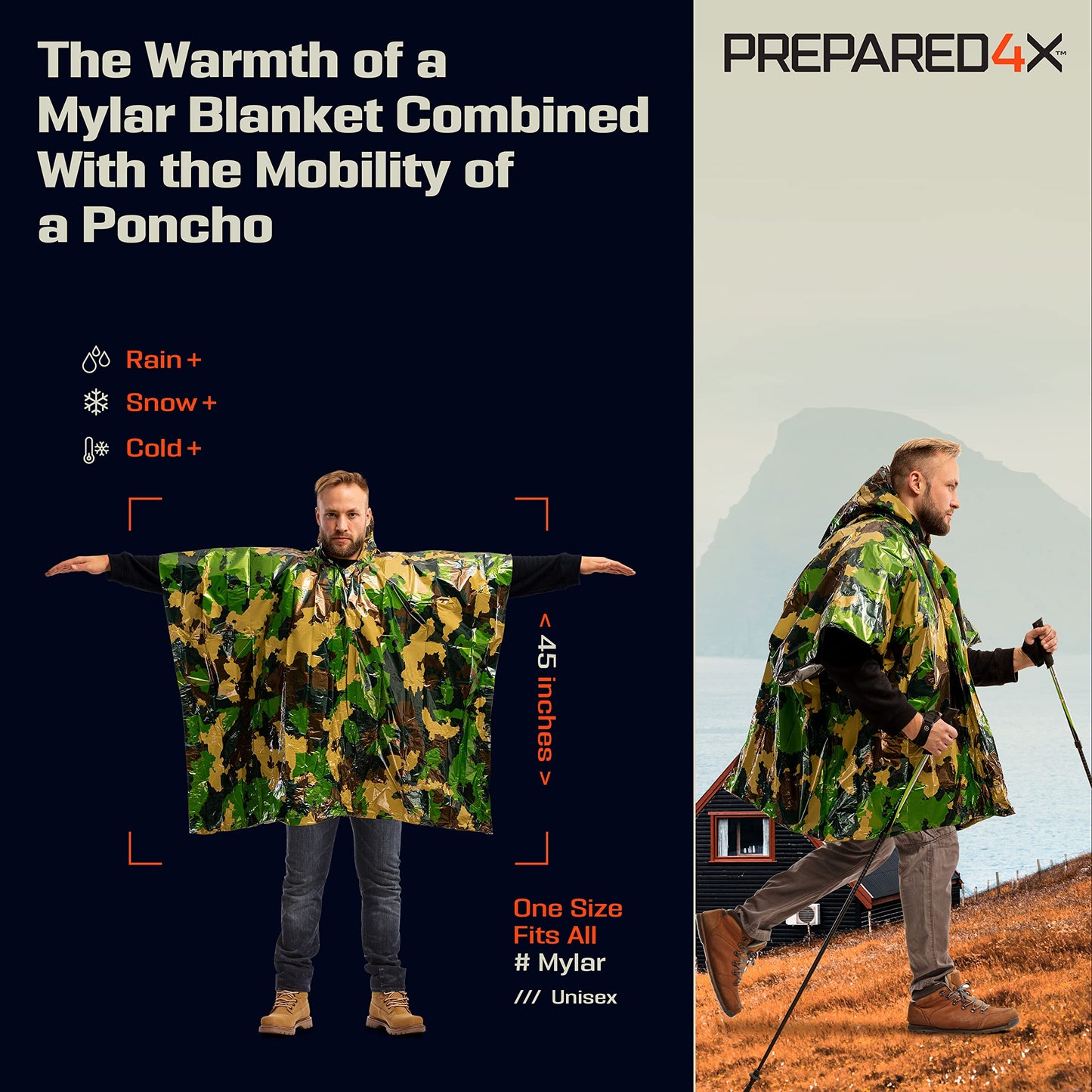 PREPARED4X Emergency Poncho and Mylar Blanket Liner - Waterproof, Wind-Resistant Outdoor Rain Poncho for Camping, Emergencies
