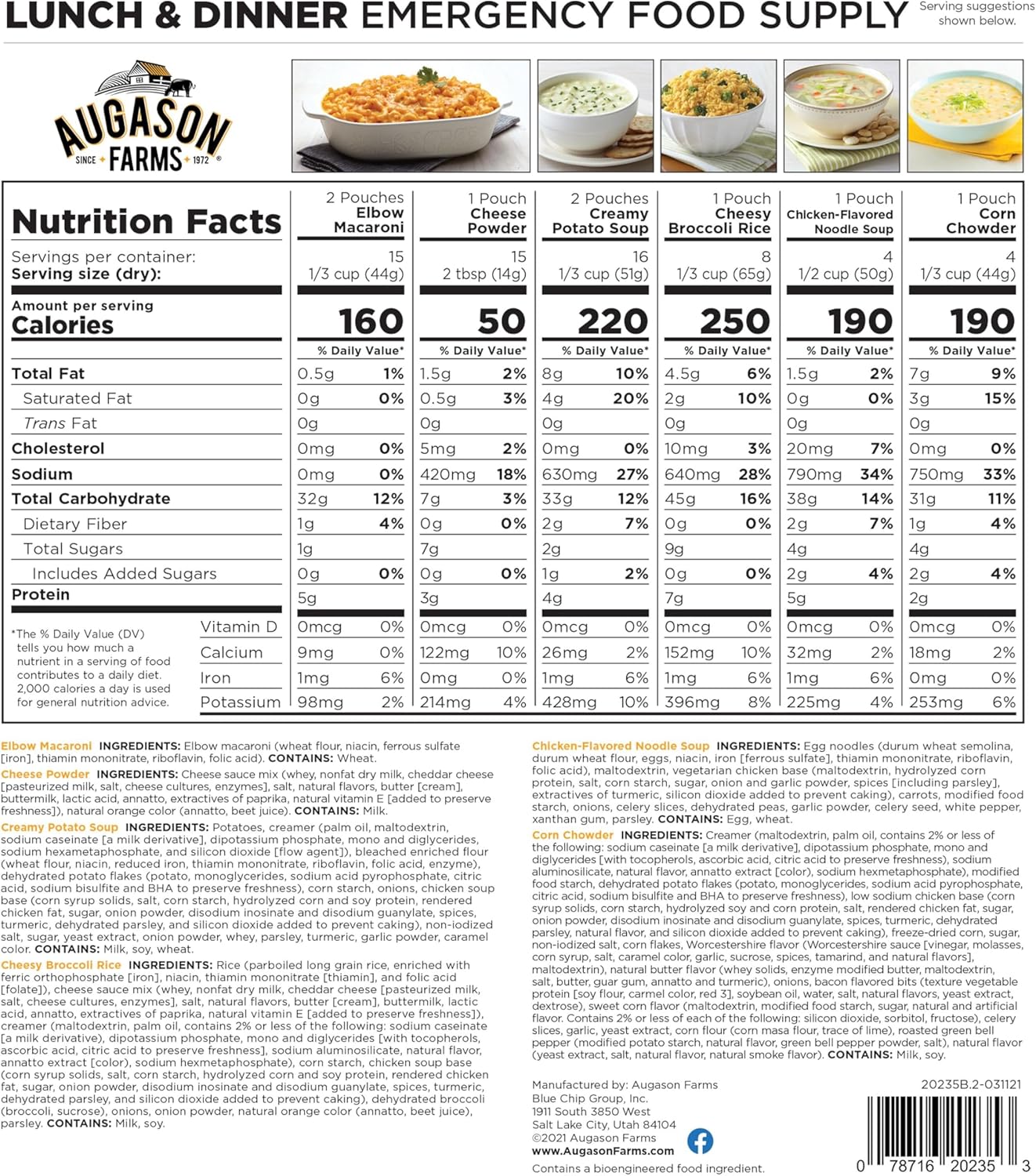 AUGASON FARMS Emergency Food Supply Bucket, 92 Servings, Dehydrated Meal Kit, Variety Pail, Long Shelf Life Just-Add-Water Meals for Disaster Survival Prep, Camping, Hiking, and More