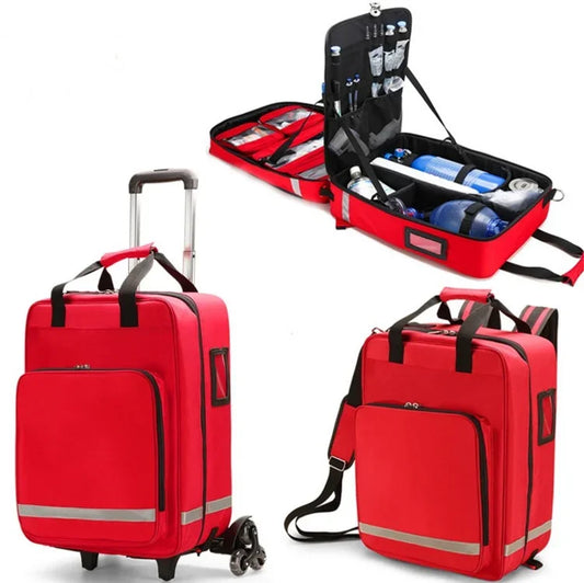 Red Nylon Trolley Emergency Backpack For Doctor Wheeled First Aid Kit Bag Rolling Earthquake Survival Hospital Medical Soft Case
