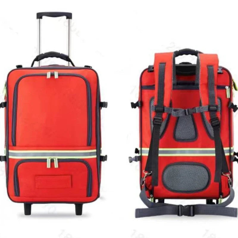 Red Nylon Trolley Emergency Backpack For Doctor Wheeled First Aid Kit Bag Rolling Earthquake Survival Hospital Medical Soft Case